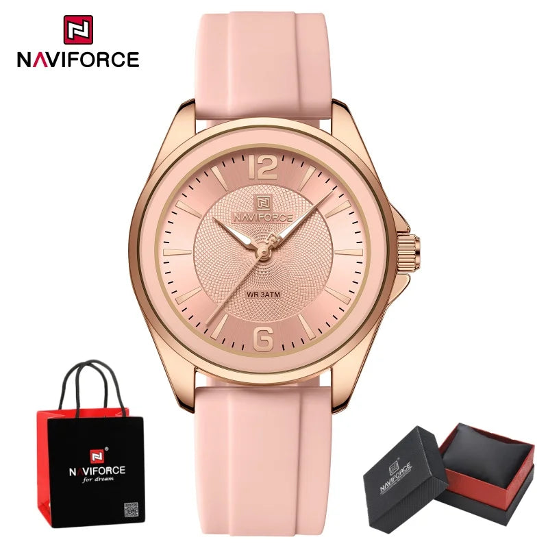 NAVIFORCE Top Brand Women's Quartz Watch Silicone Strap Fashionable Wristwatch Comfortable Girls Simple Gift Clock Box NF5068