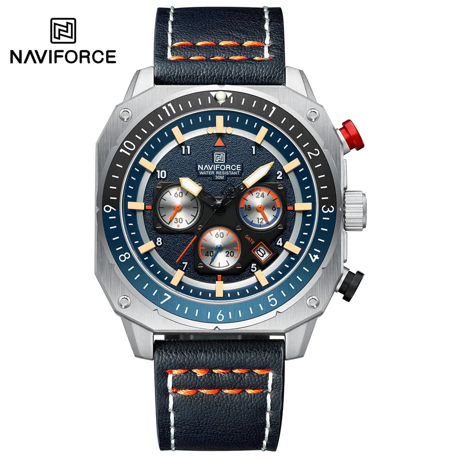 NAVIFORCE Sports Multifunction 24 Hours Date Display Waterproof Watch for Men Fashion Leather Quartz Analog Luminous Wrist Watch