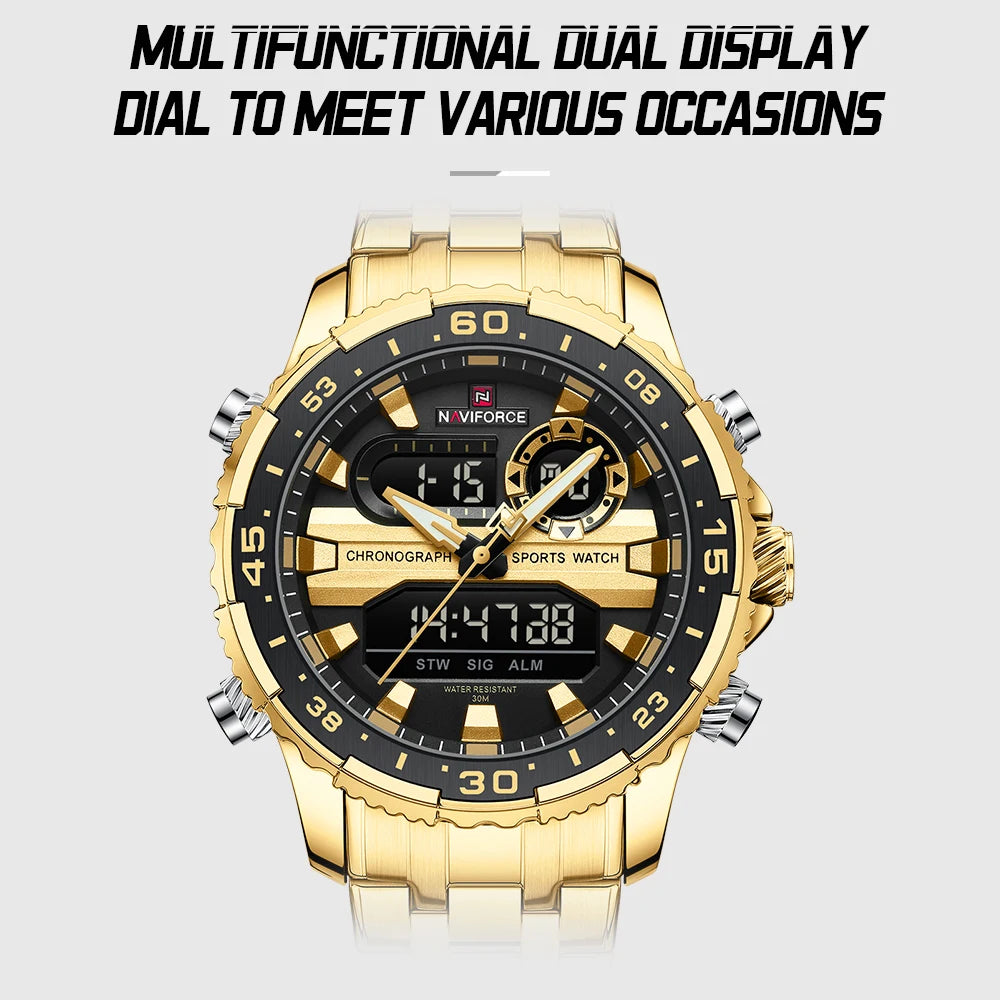 NAVIFORCE Men's Sports Alarm Watch Waterproof Chronograph Quartz Movement Steel Band Digital Date Week Display Wristwatches Gift