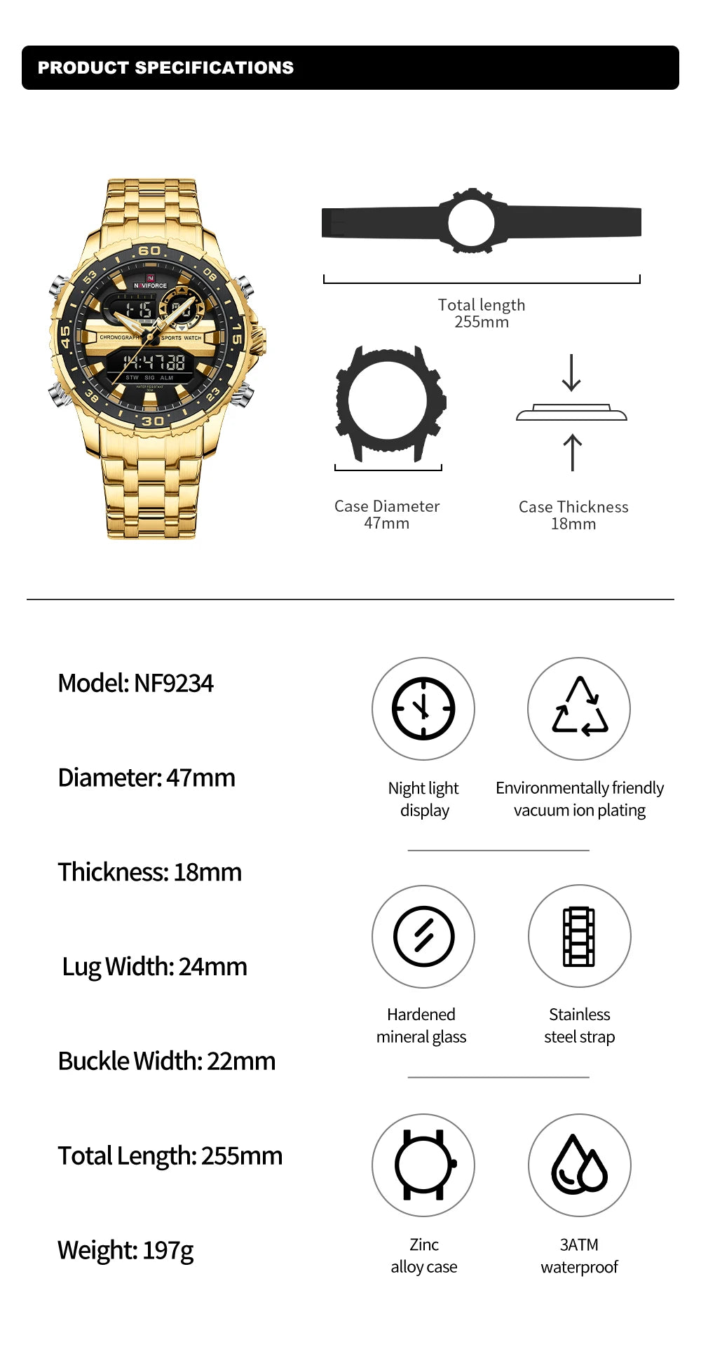 NAVIFORCE Men's Sports Alarm Watch Waterproof Chronograph Quartz Movement Steel Band Digital Date Week Display Wristwatches Gift