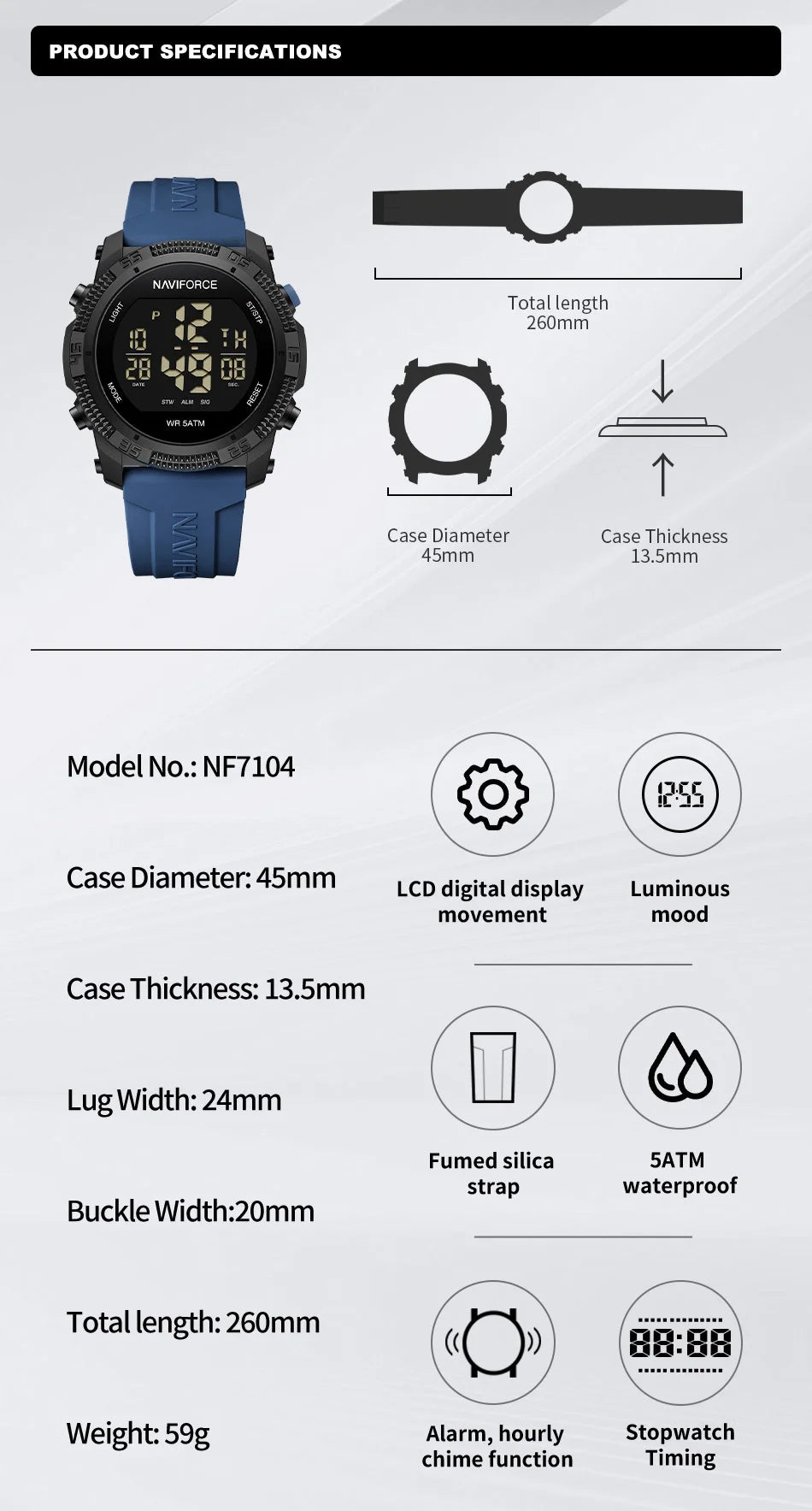 NAVIFORCE Men's Electronic Watch Fashion 5ATM Waterproof Silicone Strap Calendar Male LCD Digital Wristwatch Relogio Masculino