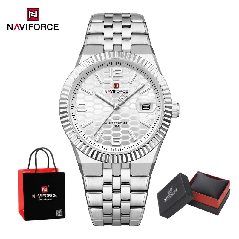 NAVIFORCE Men Watches Quartz Auto Date 3ATM Waterproof Stainless Steel Classic Male Luxury Fashion Business Wristwatch Gift Box