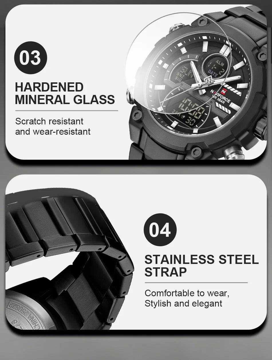 NAVIFORCE Men's Watch Luxury Quartz LCD Digital Sports Military Style Dual Display Chronograph Alarm Clock Wristwatch Gifts Box
