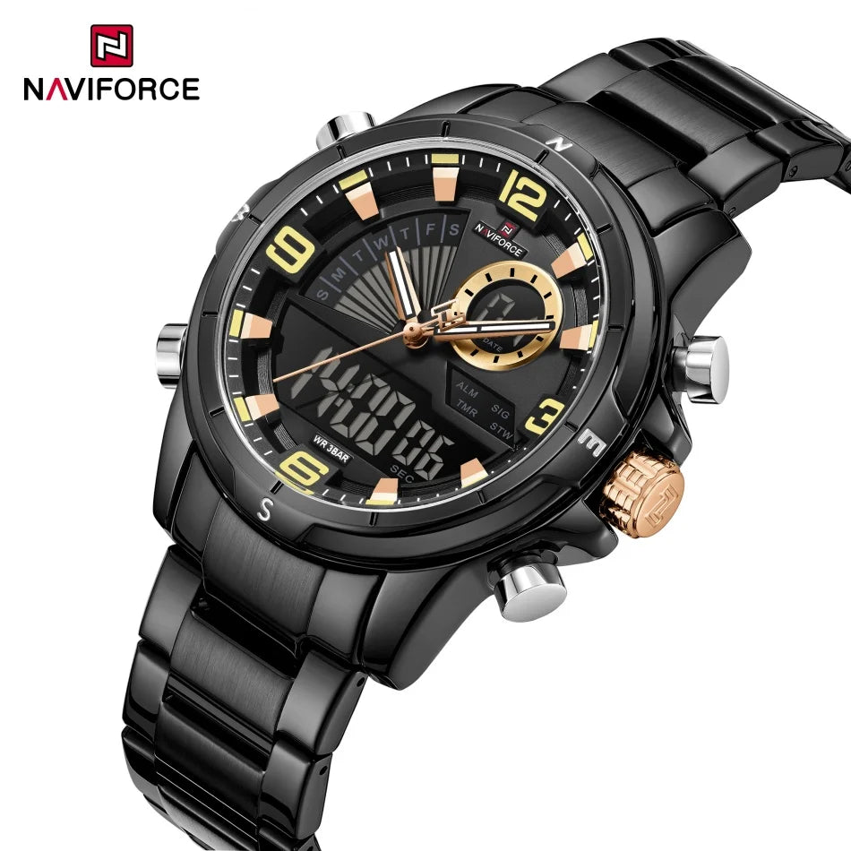 NAVIFORCE Men Watch Steel Band Men's Wrist Watch Casual Sports Multifunction Waterproof big dial Chronograph Day and Date Clock