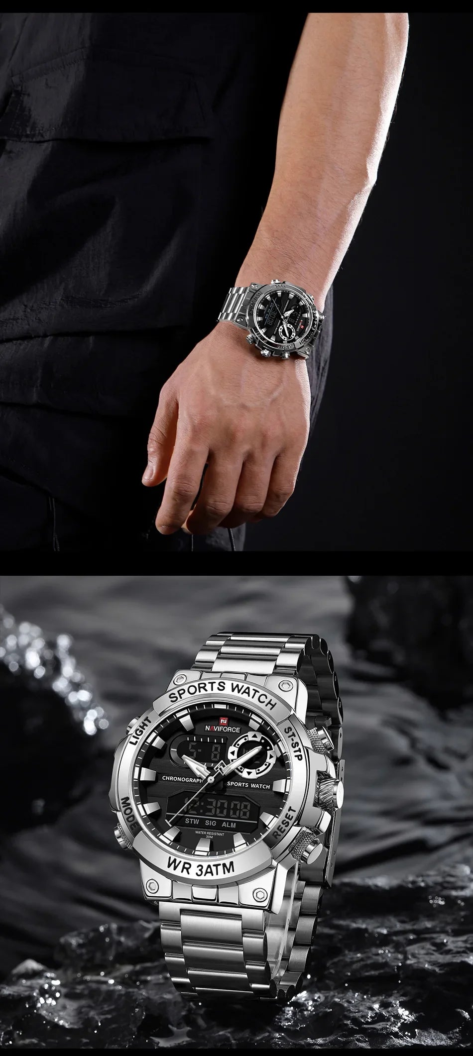 NAVIFORCE Men Watch Stopwatch Dual Time Display Men's Watch Fashion Sport Watch Stainless Steel Strap Waterproof  Package Gifts
