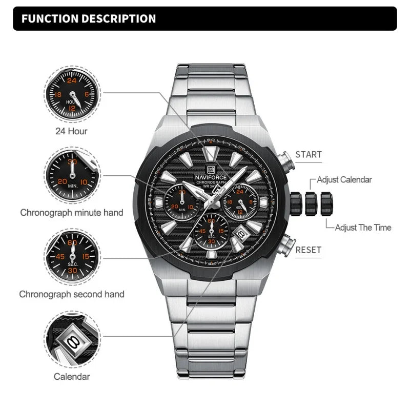 NAVIFORCE Man's Watch Mutifunction Chronograph Quartz Calendar Display Luminous New Men Clock Military Style Wristwatch Gift Box