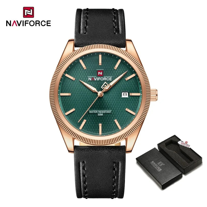 NAVIFORCE Men's Watches Fashion Genuine Leather Strap 30M Waterproof Male Quartz Wristwatches Luminous Point Date Display Clock