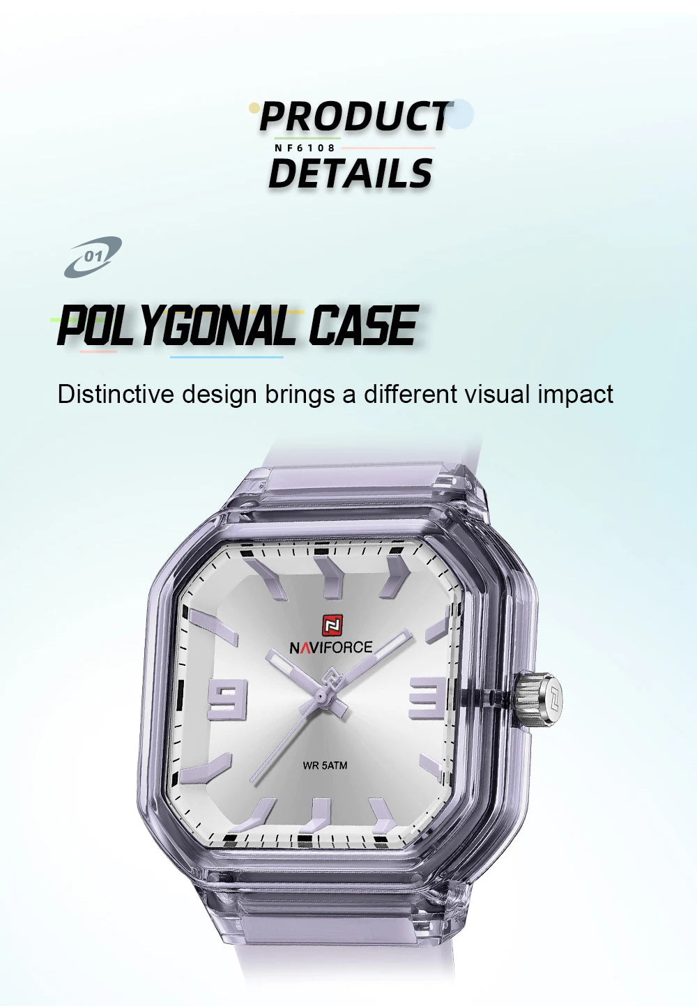 NAVIFORCE Women Polygon Watch Display Silicone Strap 50M Waterproof Luminous Fashionable Elegant Ladis Girls Wristwatch Gift Box