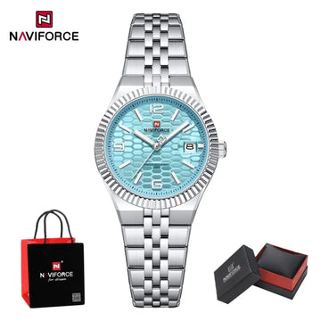 NAVIFORCE Luxury Women Quartz Calendar Watch 30M Waterproof Luminous Steel Strap Female Casual Girls Fashion Wristwatch Gift Box