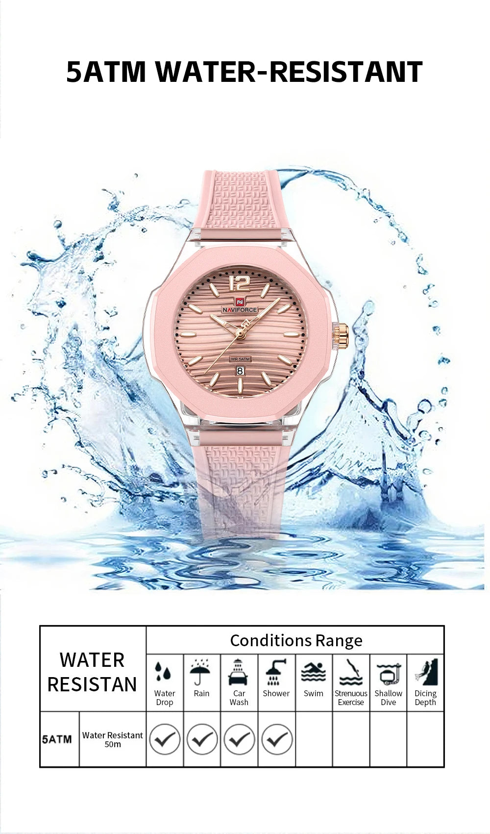NAVIFORCE Woman's Watch Quartz Waterproof Silicone Band Date Display Wristwatch Luxury Trendy Ladies Dress Wristwatch Gifts Box