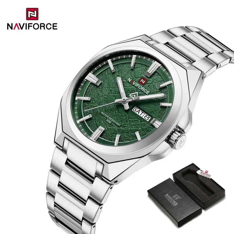 NAVIFORCE Men's Watch Quartz Calendar Week Display Waterproof Luminous Steel Band Male Trendy Outdoor Business Wristwatch NF9273