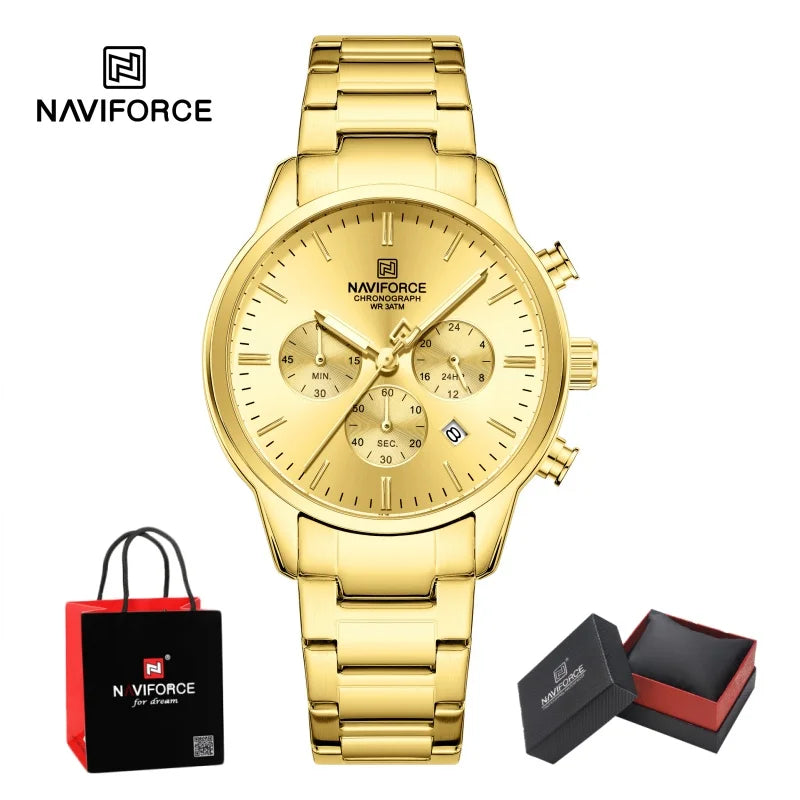 NAVIFORCE 2026 Man's Watch Quartz Chronograph 30M Waterproof Date Display Steel Band Male Fashionable Luxury Wristwatch Gift Box