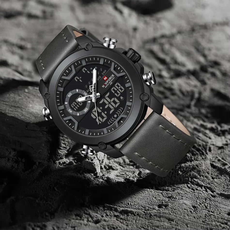 NAVIFORCE Men Watch Business Casual Fashion Dual Display Sport Genuine Strap Alarm Mode Quartz Wristwatch Man Waterproof Watch