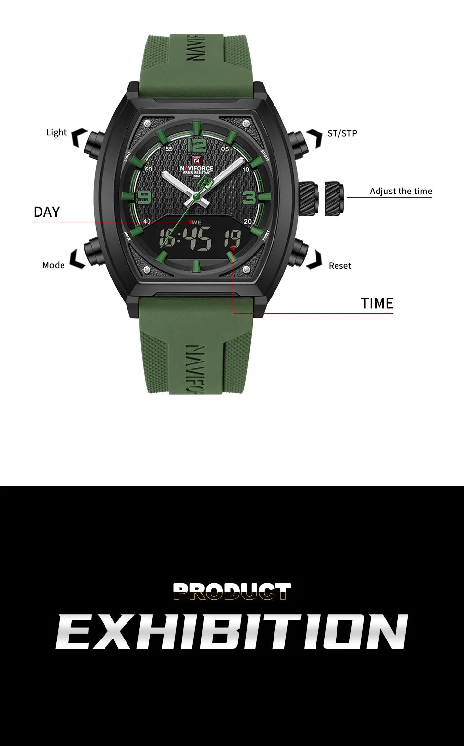 NAVIFORCE Sport Watch Waterproof Analog Dual Time Digital Wristwatches Week Display Clock Tonneau 2025 New Mens Military Watches