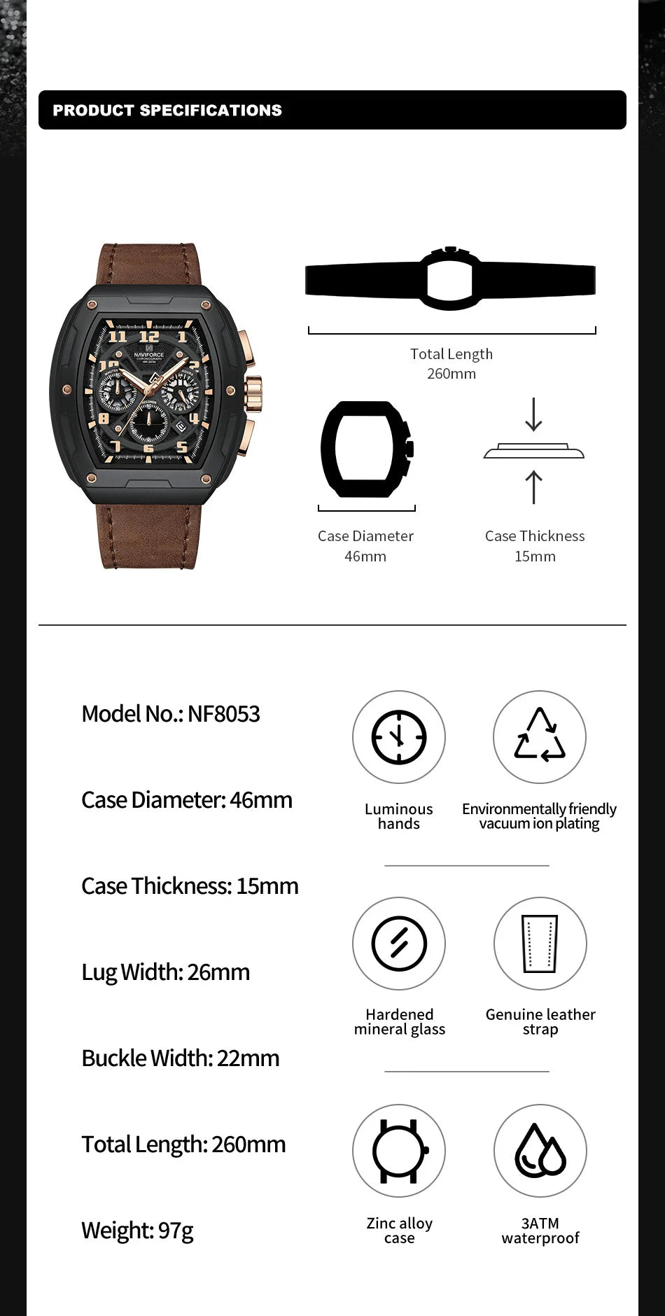 NAVIFORCE Wristwatch for Man Quartz Chronograph 3ATM Waterproof Male Business Clock Trendy Leather Strap Gifts for Father's Day
