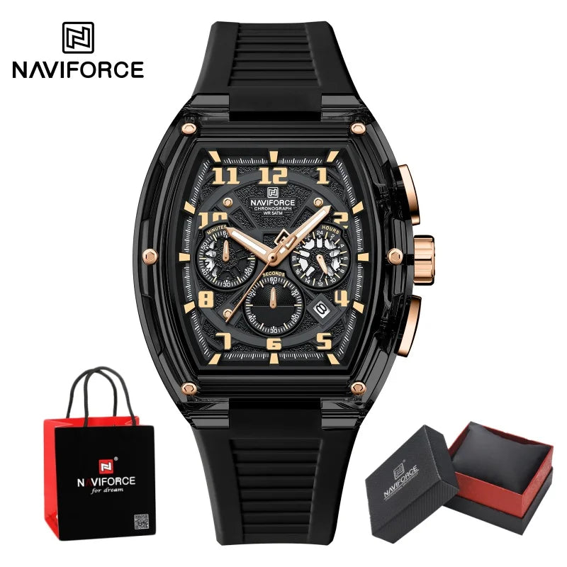 NAVIFORCE Men's Watch Quartz Chronograph Luminous Soft Silicone Strap Business Trendy Outdoor Casual Wristwatch Gift Box for Man