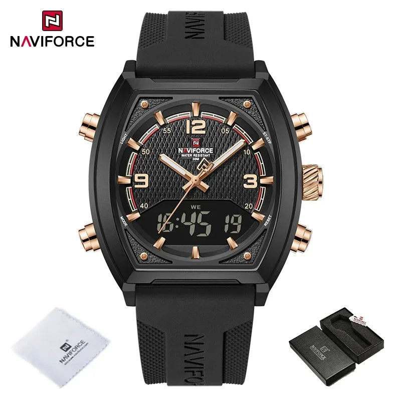 NAVIFORCE Sport Watch Waterproof Analog Dual Time Digital Wristwatches Week Display Clock Tonneau 2025 New Mens Military Watches