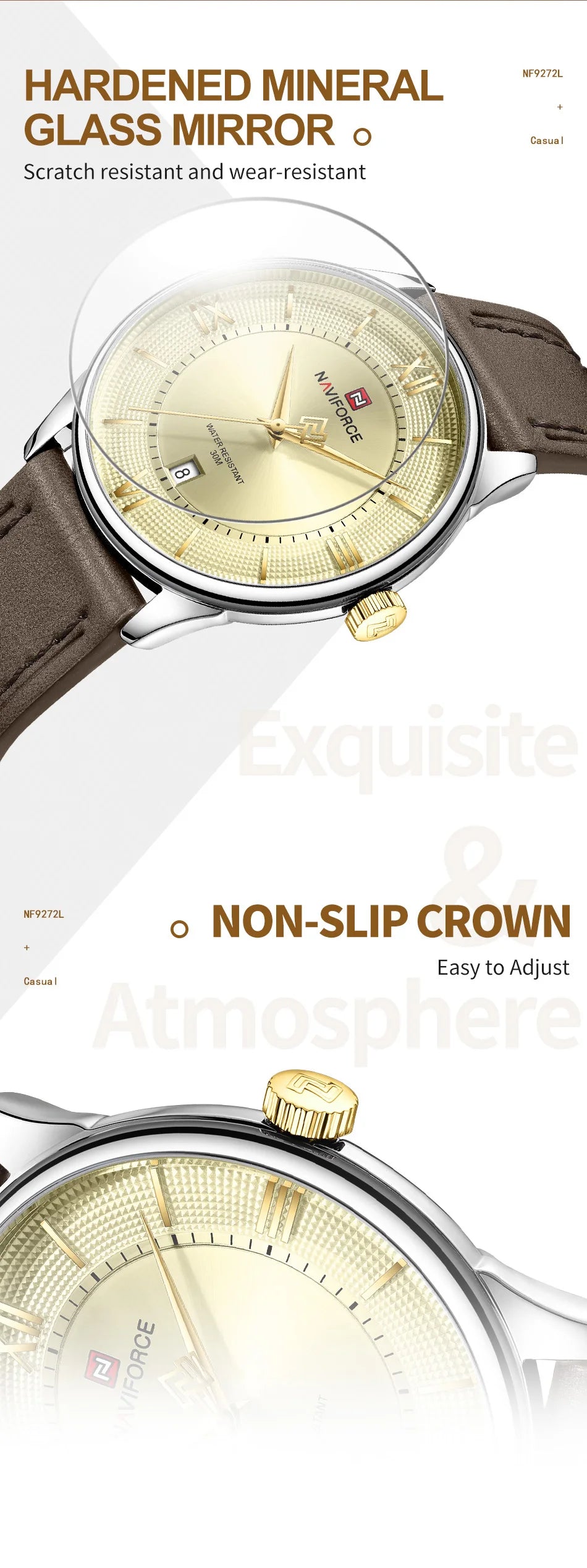 NAVIFORCE Watches For Men Quartz Sports Genuine Leather Strap 3ATM Waterproof Luxury Business Wristwatches Gift for Male New