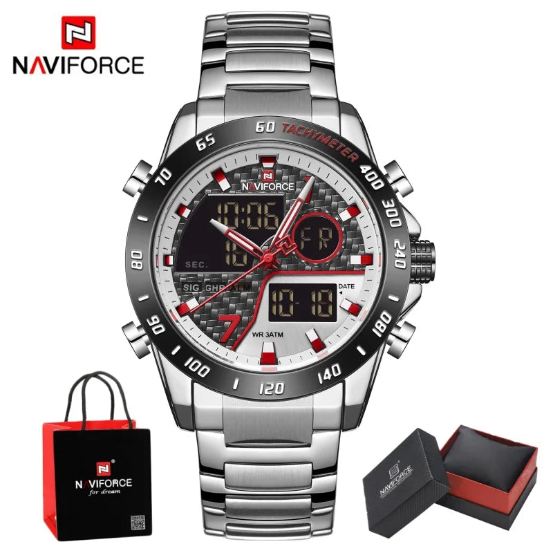 NAVIFORCE Man's Quartz Watch Dual Display Luminous Stainless Steel Strap Male Fashion Business Father's Day Wristwatch Gifts Box
