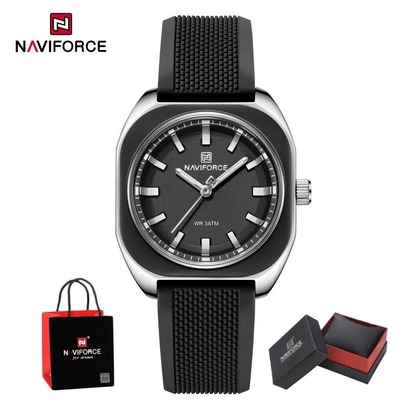 NAVIFORCE Womens Square Quartz Watch 3ATM Waterproof Luminous Silicone Strap Casual Fashion Dress Elegant Wristwatch Gifts Box