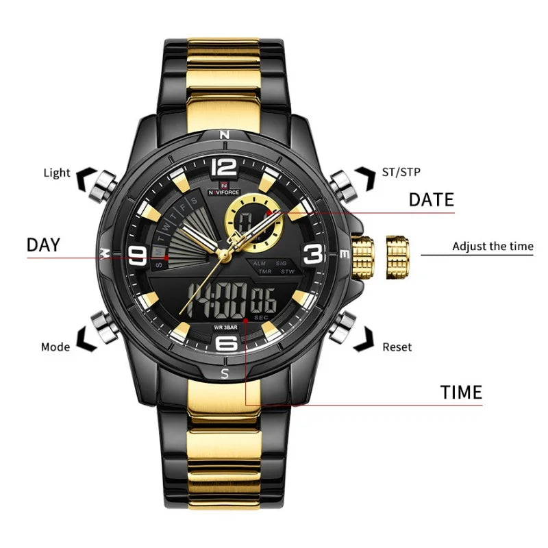 NAVIFORCE Luxury Man's Watch Quartz Chronograph Dual Display 3ATM Waterproof Military Style Sports Wristwatch Gift Box For Men