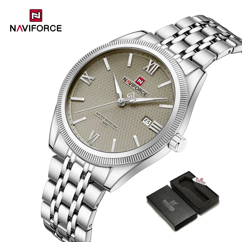 NAVIFORCE Man Wristwatch Quartz Calendar 30M Waterproof Date Display Steel Band Casual Male Business Watch Gift for Father's Day