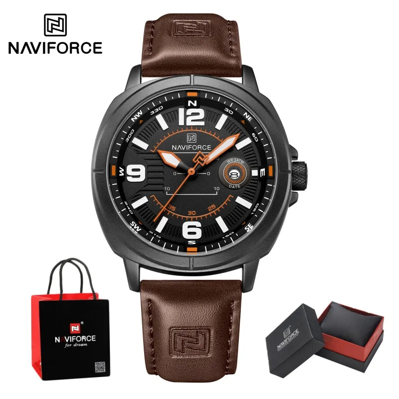 NAVIFORCE New Male Wristwatch Gift Box Quartz Calendar PU Band Calendar High Quarlity 30M Waterproof Business Man's Watch NF8078