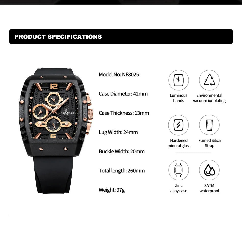 NAVIFORCE Brand New Design Men's Watches Silicone Band Military Quartz Wristwatches Fashion Waterproof Clock Relogio Masculino