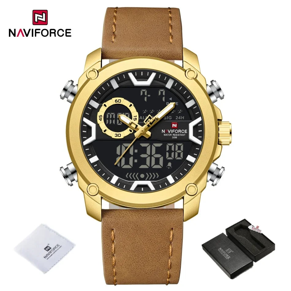 NAVIFORCE Mens Watch Original Simple Brand Quartz Watch Japan Movement Genuine Band Luminous Dual Display Watches For Men Gifts