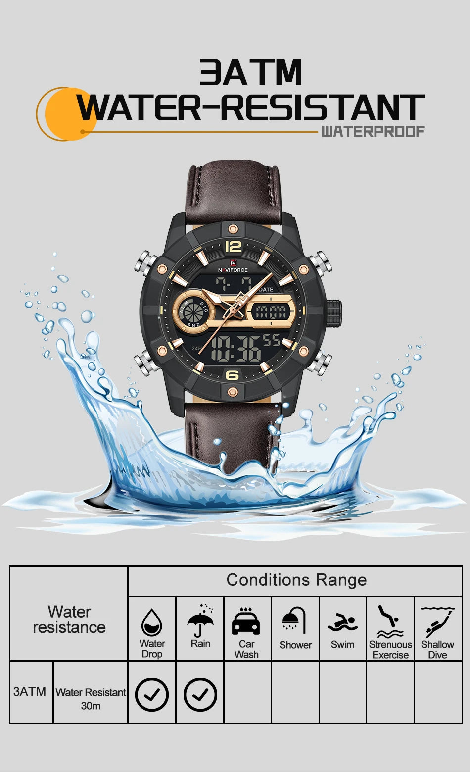 NAVIFORCE Men Watch Fashion Sports Waterproof Alarm Countdown Automatic Calendar Display Luxury Brand Men Original Quartz Watch