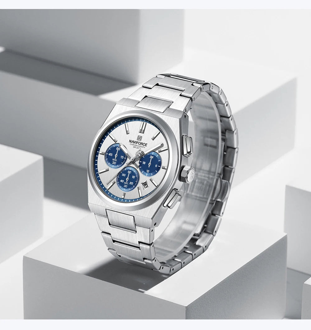 NAVIFORCE Male Quartz Stylish Watches Chronograph Waterproof Luminous Hands Stainless Steel Band Men Luxury Business Wristwatch