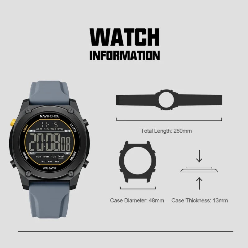 NAVIFORCE Men Digital Watch Sports Fashion Watches Waterproof 50M Man HD Electronic Screen Student Cool Alarm Display Wristwatch