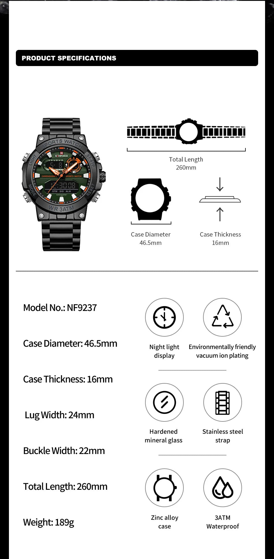 NAVIFORCE New Military Sports Mens Watches Top Brand Luxury Dual Display Waterproof LED Digital Watch for Men Quartz Wristwatch