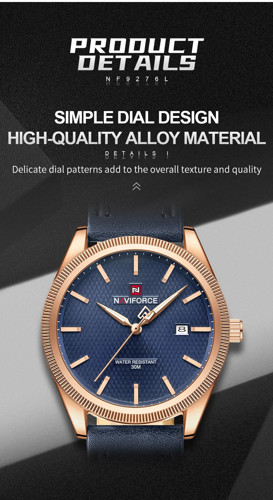 NAVIFORCE Men's Watches Fashion Genuine Leather Strap 30M Waterproof Male Quartz Wristwatches Luminous Point Date Display Clock