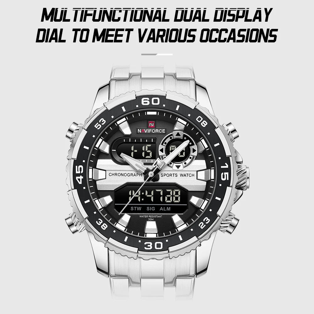 Gifts for Boyfriends NAVIFORCE Men's Silver Black Quartz Watch LCD Digital Waterproof  Wristwatch Male Luminous Hands Date Clock
