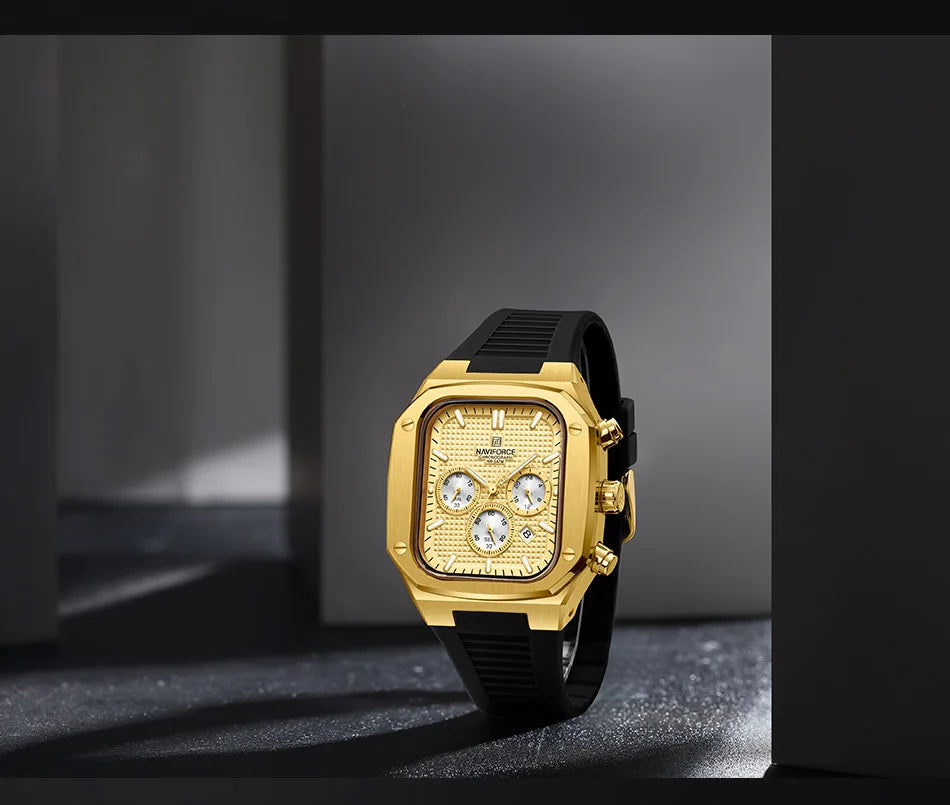 NAVIFORCE Men's Luxury Gold Watch Fashion Silicone Strap Quartz Movement Waterproof Square Wristwatch with Luminous Hands And Da