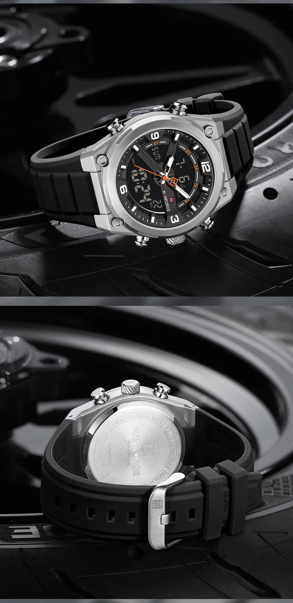 NAVIFORCE Man's Watches Dual Display Week and Date Waterproof Luminous Silicone Strap Male Business Fashion Wristwatch Gift Box