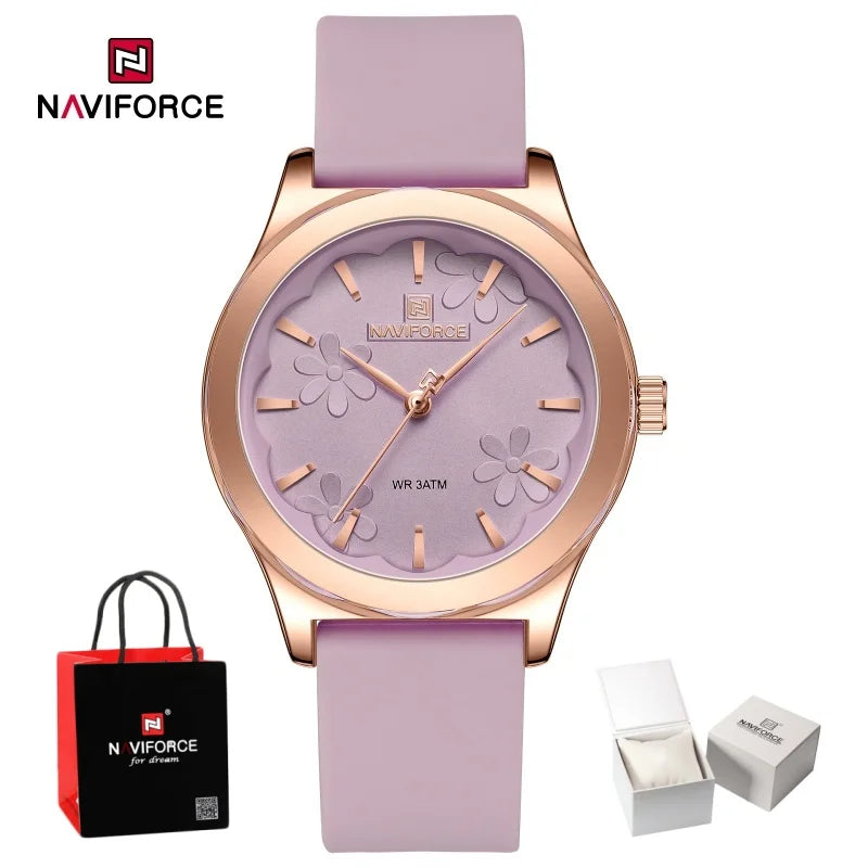 NAVIFORCE Women Simple Fashion Wristwatch Quartz 3ATM Waterproof Comfortable Silicone Strap Female Exquisite Wristwatch Gift Box