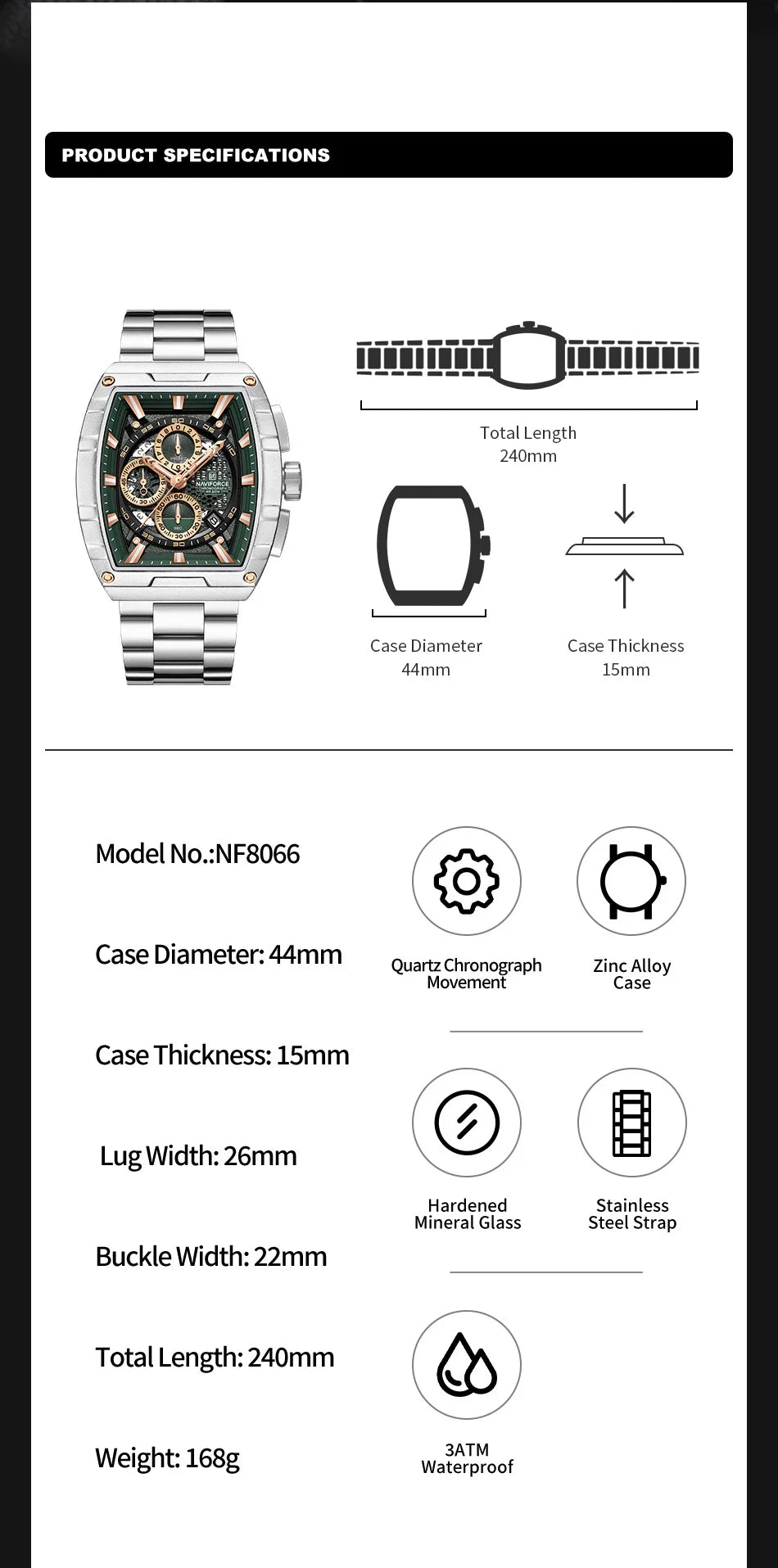 NAVIFORCE Quartz Watch for Men Fashion Waterproof Luminous Chronograph Wristwatch Auto Date Stainless Steel Strap Clock Gift