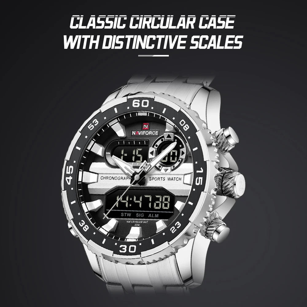 Gifts for Boyfriends NAVIFORCE Men's Silver Black Quartz Watch LCD Digital Waterproof  Wristwatch Male Luminous Hands Date Clock
