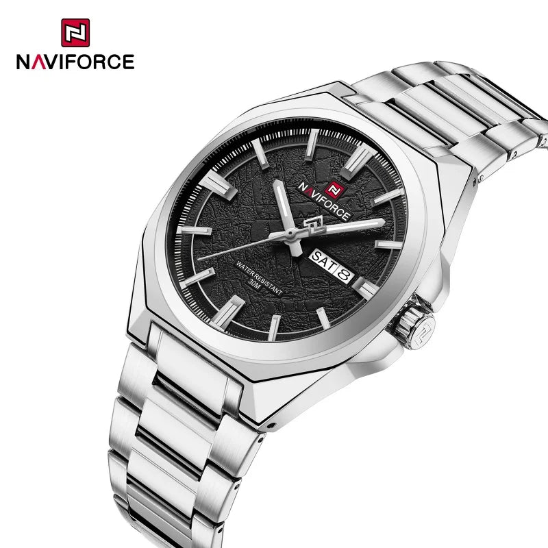 NAVIFORCE Men's Watch Quartz Calendar Week Display Waterproof Luminous Steel Band Male Trendy Outdoor Business Wristwatch NF9273