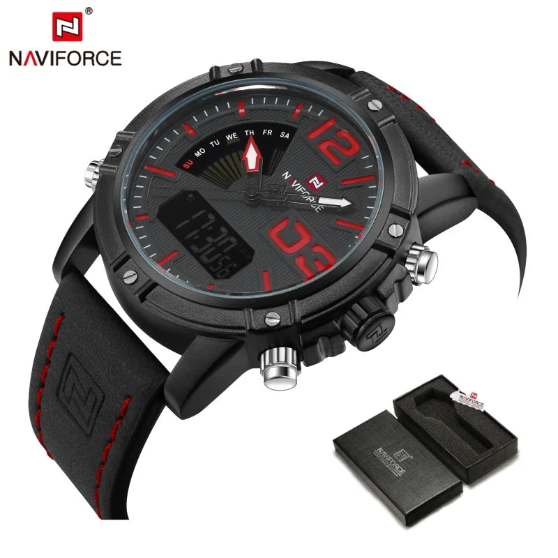 NAVIFORCE Luxury Brand Men's Sport Watches Men Dual Display LED Digital Waterproof Leather Strap Quartz Military Watch Man Clock
