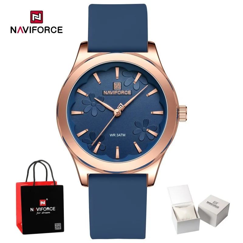 NAVIFORCE Women Simple Fashion Wristwatch Quartz 3ATM Waterproof Comfortable Silicone Strap Female Exquisite Wristwatch Gift Box