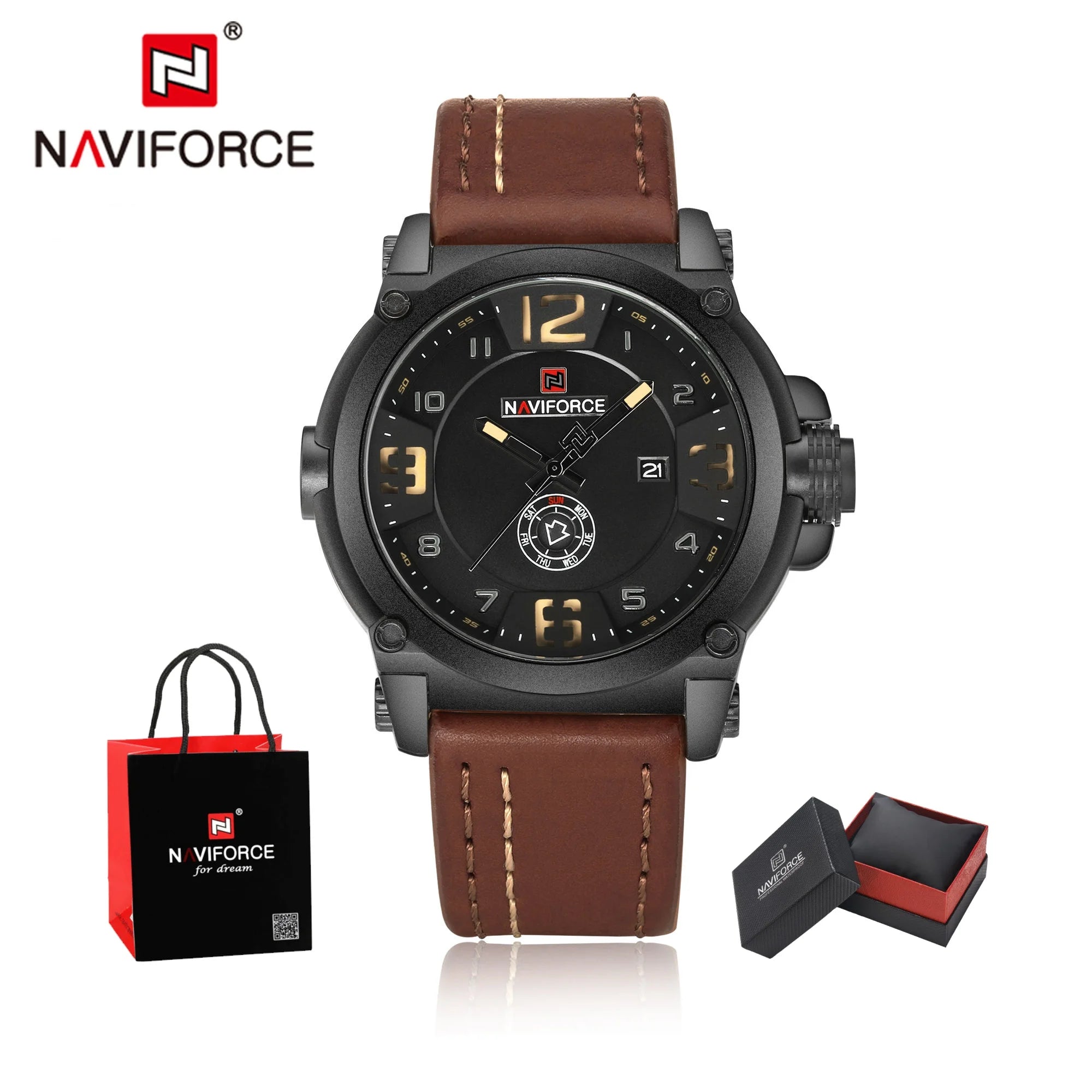 Top Brand NAVIFORCE Men's Army Military Leather Quartz Watch Male Waterproof Clock Boy Sports Watches Relogio Masculino Gifts