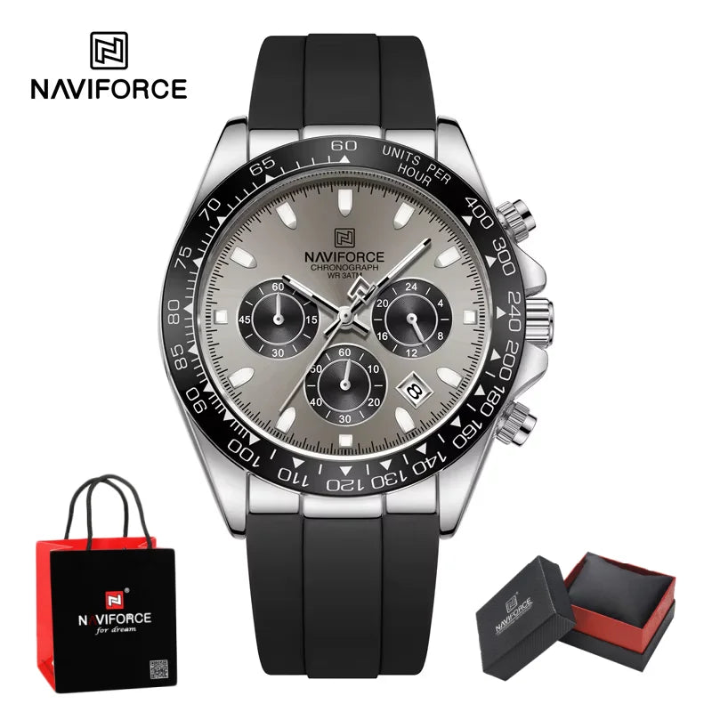 NAVIFORCE Quartz Men's Leisure Chronograph Watch Waterproof Luminous Silica Strap Unique Design Man Fashion Wristwatch Gift Box