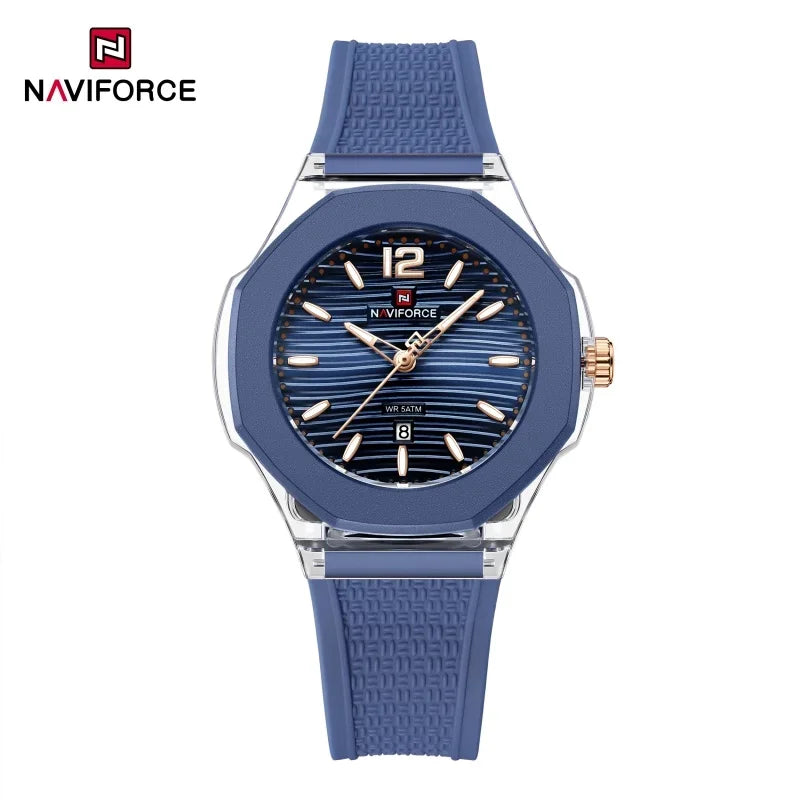 NAVIFORCE Fashion Watch for Women 5ATM Waterproof Silicone Strap Auto Date Display Night Illumination Ladies Elegant Watch Gift