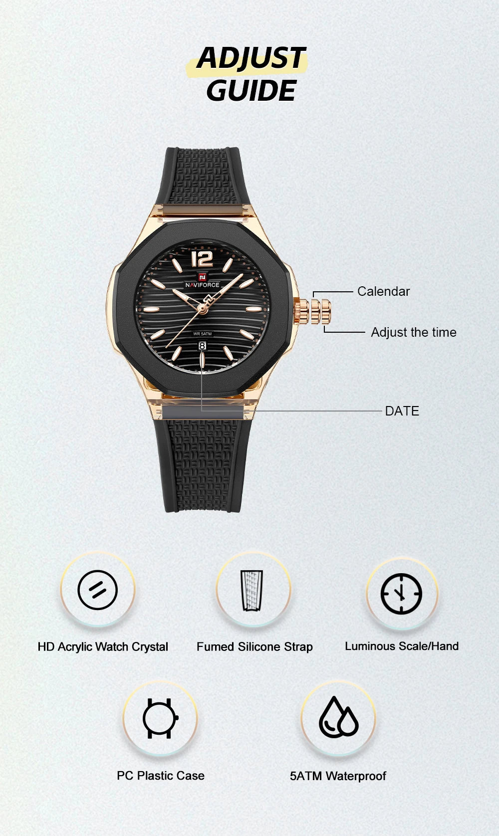 NAVIFORCE Fashion Watch for Women 5ATM Waterproof Silicone Strap Auto Date Display Night Illumination Ladies Elegant Watch Gift