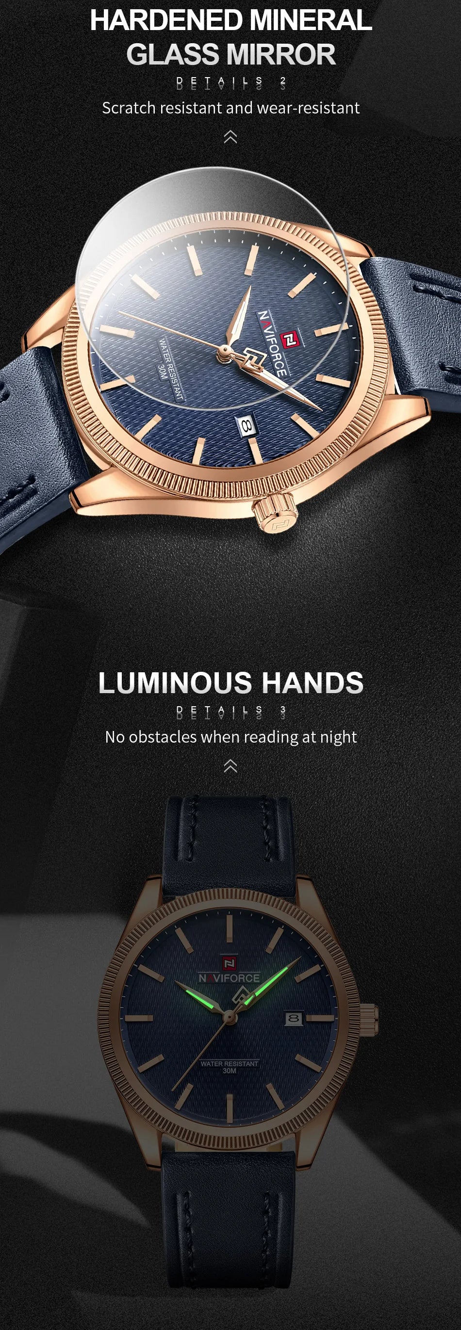 NAVIFORCE Men's Watches Fashion Genuine Leather Strap 30M Waterproof Male Quartz Wristwatches Luminous Point Date Display Clock
