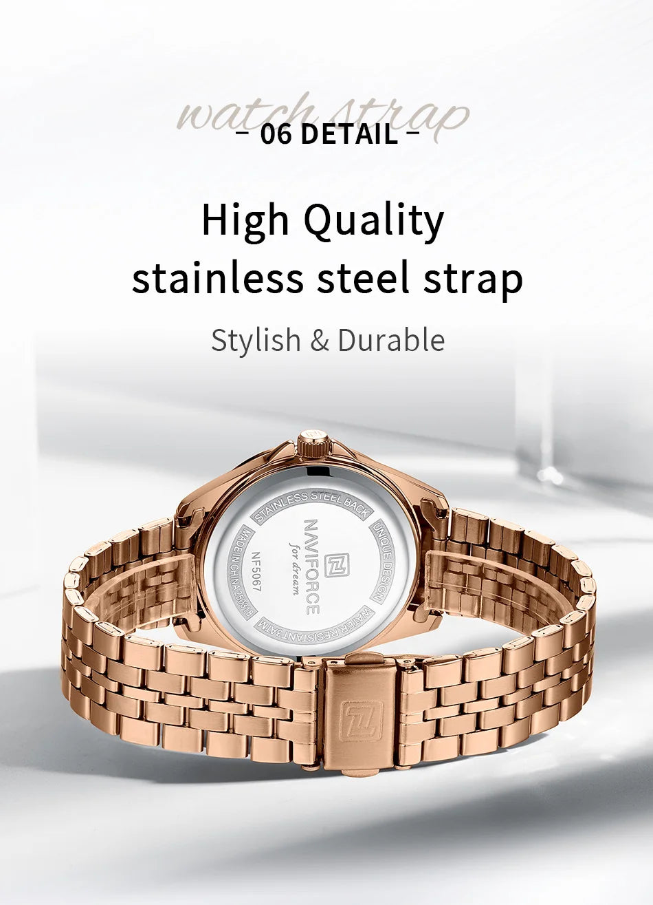 NAVIFORCE Women's Quartz Watch Elegant Casual Stainless Steel Strap 30m Waterproof Female Wristwatches Ladies Clock Reloj Mujer