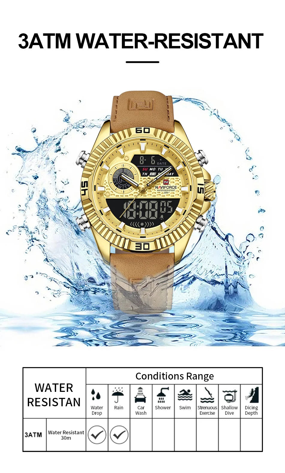 NAVIFORCE Men's Watches Sport Quartz Analog LCD Digital Wristwatch 30m Waterproof Luminous Chronograph Watch for Men Date Clock